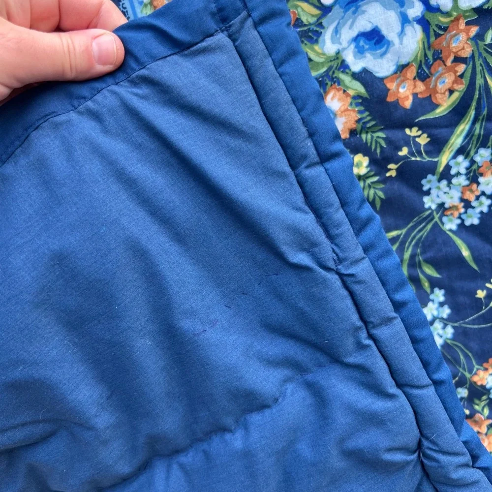 Vtg Handmade Quilt 78x82 Blue Floral Cottagecore Hand Stitched Cotton Full Queen